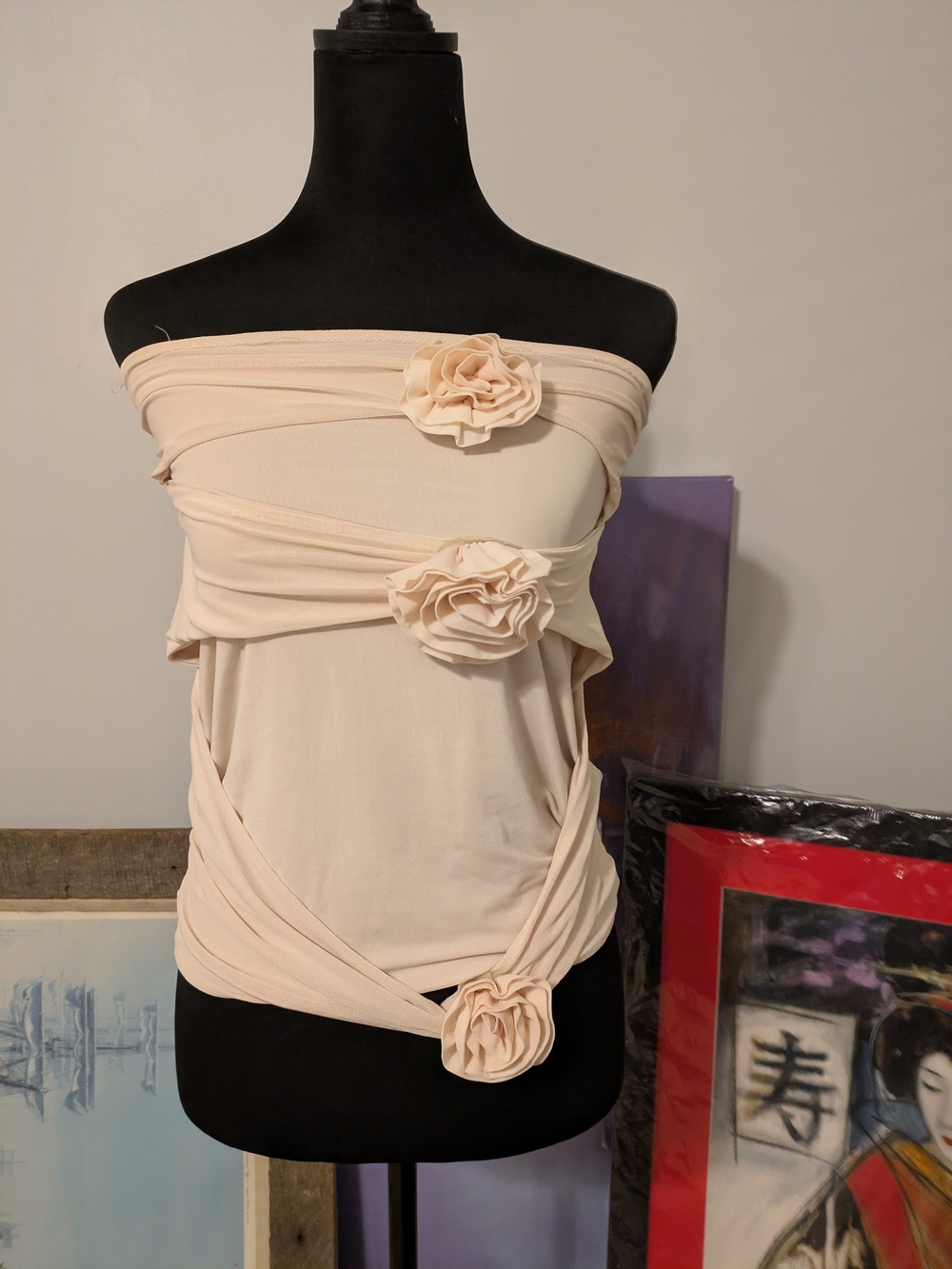 Unbranded Strapless Tube Top With 3D Rosettes Size L Mesh Stretch Bandage